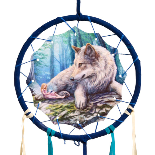 Front view of a dark blue dreamcatcher featuring a central illustration of a grey wolf and a small blonde fairy in a blue-green forest, with hanging cream and teal ribbons.