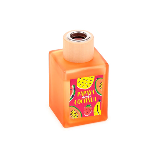 Angled view of a translucent orange square reed diffuser, featuring a light wooden-look cap with a metallic insert. Its vibrant label displays 'Papaya and Coconut' text, alongside illustrations of papaya, pineapple, watermelon, strawberry, and banana.