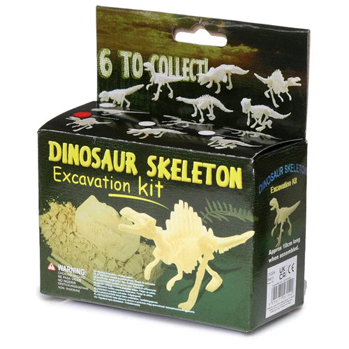 Front-angled view of an archeology kit box for a Fun Excavation Dig it Out Kit, showcasing a small assembled beige dinosaur skeleton, excavation material, and the text 'Dinosaur Skeleton Excavation kit'. The box's top flap features '6 to collect' and illustrations of different dinosaur skeletons.