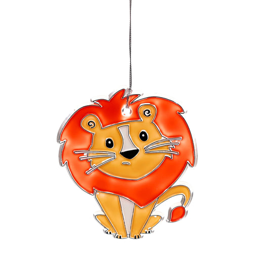 Front view of a colourful orange and yellow cartoon lion DIY suncatcher, with a hanging loop.