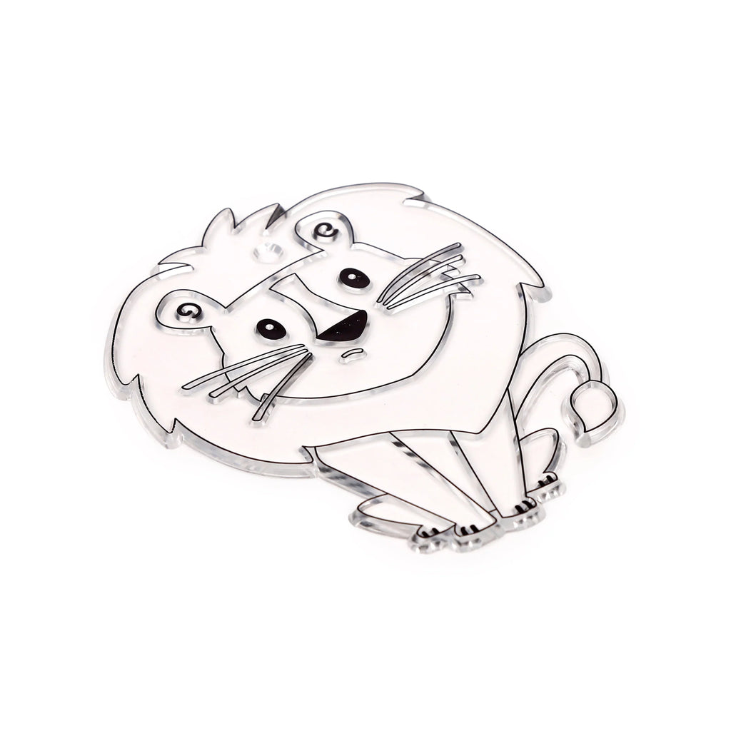 Angled view of a clear acrylic lion DIY suncatcher blank with black outlines, ready for colouring.