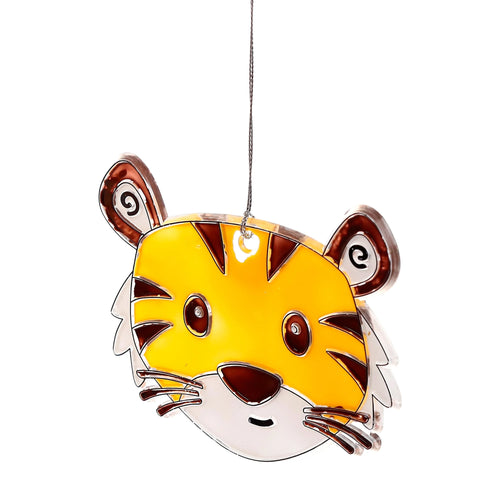 Front view of a DIY tiger suncatcher, featuring bright yellow and brown coloured sections and a silver chain for hanging.