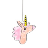 Pink unicorn head DIY suncatcher blank in profile, with a yellow and black striped horn and hanging string.