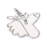 Angled view of a clear plastic unicorn DIY suncatcher outline, showing its horn, mane, and facial features defined by black lines, with a small hanging hole.