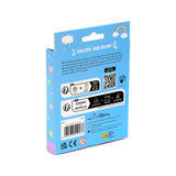 Angled view of the back of a light blue 'Unicorn Suncatcher' DIY kit packaging, featuring rainbow, star, and heart graphics, along with multi-language instructions, a hang tab, and recycling symbols.