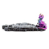 Front view of an ashcatcher incense burner featuring a grey dragon skeleton forming the ash-catching tray, with a vibrant purple, green, and gold baby dragon figure perched at one end.