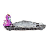 Ashcatcher incense burner, front view, with a vibrant purple and gold baby dragon figure at one end and a grey and white dragon skeleton spine and skull ash catcher.