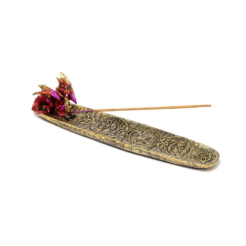 Angled view of a gold-toned ashcatcher incense burner with a red and gold dragon holding an incense stick. The burner tray is decorated with engraved mystical symbols.