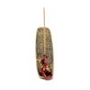 Front view of a gold and bronze ashcatcher incense burner, featuring mystical symbols carved into its base and a sculpted red, purple, and gold fire dragon figure holding an incense stick.