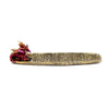 Front view of an ashcatcher incense burner featuring a metallic red and pink fire dragon figure at one end. The gold-toned burner tray is carved with mystical symbols.