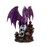 Angled view of an amethyst skull dragon ornament, depicting a purple dragon perched on a white skull with brown mushrooms on a dark base.