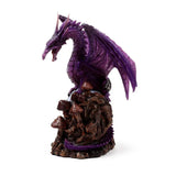 Angled view of a detailed deep purple dragon figurine with an open mouth and large wings, perched on a dark, textured base adorned with brown mushrooms.