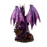 Rear view of an amethyst purple dragon figurine with intricate scaled wings, perched on a forest-themed base with a mushroom.