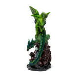 Emerald green dragon figurine with blue scales and large wings, its head facing forward, perched above a grey skull and dark brown mushrooms on an earthy base, displayed on a white background.