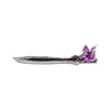 Angled view of an amethyst dragon incense burner, shaped like a sword, featuring a metallic purple and silver dragon figure at the hilt and ornate silver detailing on the blade, against a white background.