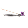 Angled view of a mini amethyst purple dragon incense burner with an ornate silver-coloured base, holding an unlit incense stick.