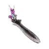 Angled view of a purple and grey dragon incense burner, featuring a mini amethyst-coloured dragon with translucent wings holding a small skull, perched at one end of an ornate silver-coloured incense tray.