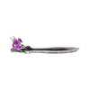 Elevated, angled view of a silver-grey dragon incense burner, featuring a glittering purple amethyst dragon perched at one end of the intricately patterned tray, showcasing its full length.