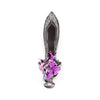 Dark Legends dragon incense burner, dark grey and elongated with intricate patterns. Vivid amethyst and blue mini dragon at the incense stick holder. Overhead view on white.