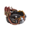 Angled view of a dragon incense burner, showcasing a red and gold dragon with blue eyes coiled around the base, which features sculpted orange flames and grey skulls, with a metallic sphere in the centre.