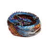 Incense burner featuring a detailed blue and purple coiled dragon, with prominent scales and wings, resting on a circular base adorned with fiery orange and red flame patterns.