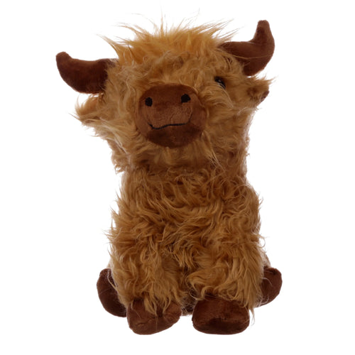 Front view of a plush Highland Coo Cow door stop with shaggy light brown fur, dark brown horns, and a smiling face.