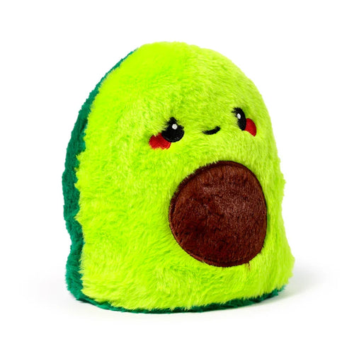 Front-facing plush avocado door stop with lime green and dark green fluffy texture, featuring embroidered eyes, red cheeks, and a brown pit.