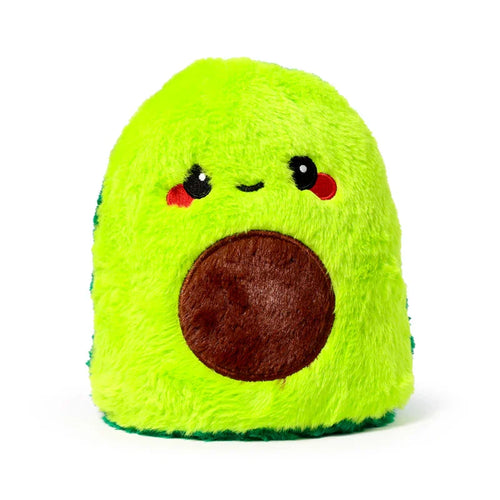 Plush avocado door stop, front view, with a vibrant green fluffy body, embroidered black eyes, red cheeks, a smile, and a large brown stone.