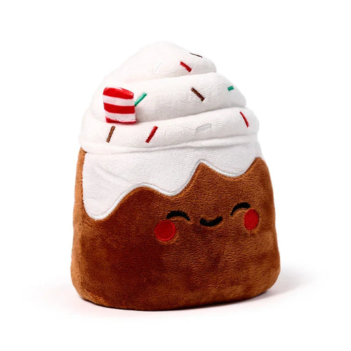 Front view of a plush spiced latte door stop, featuring a brown base with a white whipped cream top, a smiling face, colorful sprinkles, and a red and white striped decoration, against a white background.