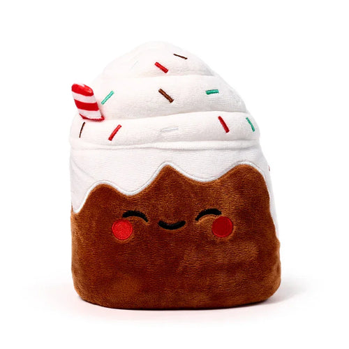 Front view of a plush spiced latte door stop, shaped with a brown base and white swirled top, detailed with colorful sprinkles, a red and white striped straw, and an embroidered smiling face.