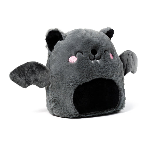 Front-angled view of a grey plush bat door stop, featuring black ears, outspread wings, a black belly, and embroidered pink cheeks with fangs.