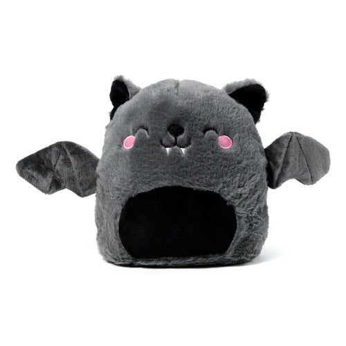 Front view of a grey plush bat door stop, featuring black ears, embroidered eyes, a stitched nose with fangs, pink cheeks, and black fabric wings, all set against a white background.