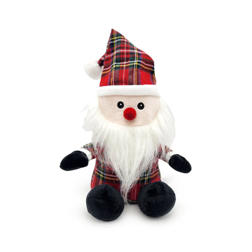 Front view of a sitting Scottish tartan gonk door stop, wearing a red and green tartan hat with a white pom-pom, a long white beard, a red nose, and black mittens and boots.