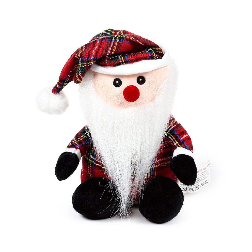 Front view of a plush Scottish tartan gonk door stop, featuring a red and green plaid hat with a white pom-pom, a white fluffy beard, and a red nose.