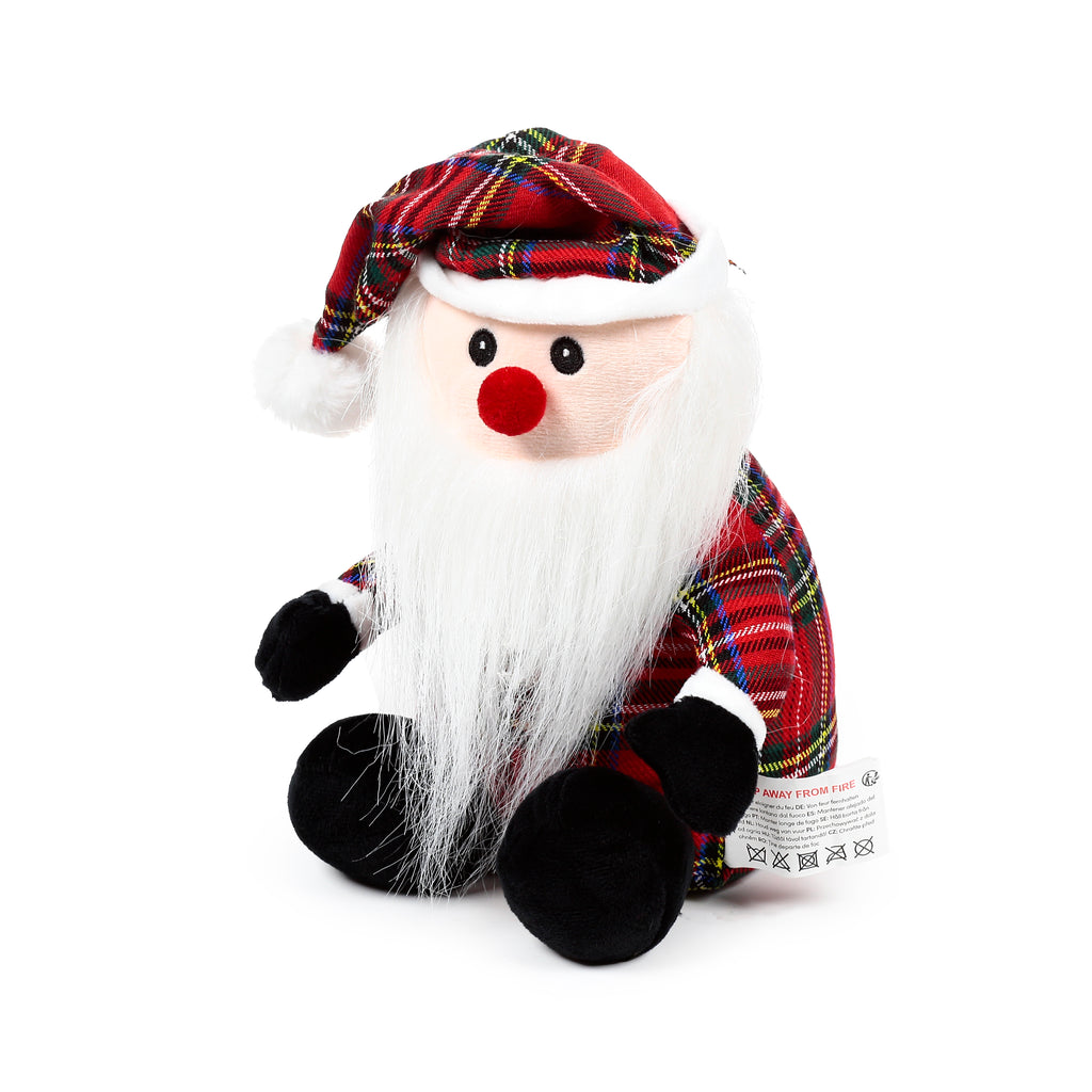 Angled view of a sitting Scottish tartan gonk door stop. It features a red, green, black, and yellow tartan hat with a white pom-pom, matching tartan body, a long white beard, red bobble nose, black eyes, and black plush feet.