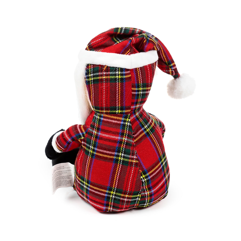 Back view of a Scottish tartan gonk door stop with a red plaid pattern, white faux fur-trimmed Santa hat with a pompom, and white beard.