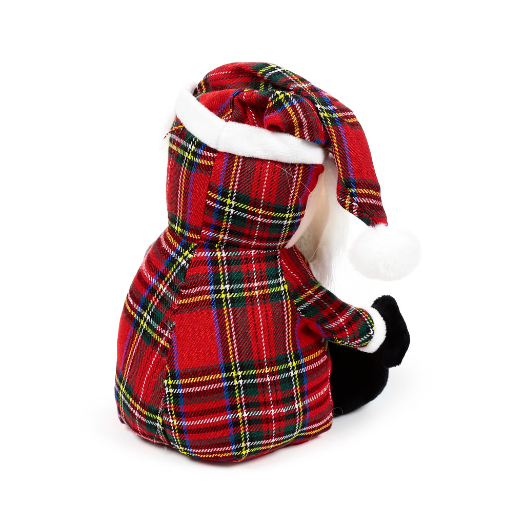 Scottish tartan gonk door stop, back view, with red plaid pattern, white faux fur hat trim, pom-pom, and black mittens.