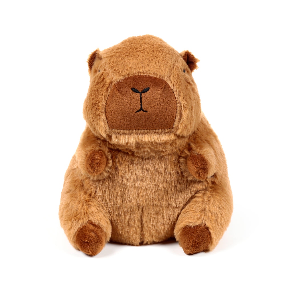 Front view of a brown plush capybara with embroidered facial features.