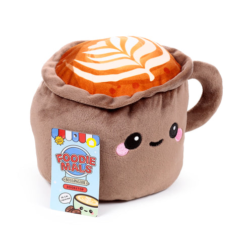 Plush, brown coffee cup door stop, angled to reveal its embroidered winking face with pink cheeks, a handle on the right, and a design of orange and white latte art on top, with a hang tag on the left.