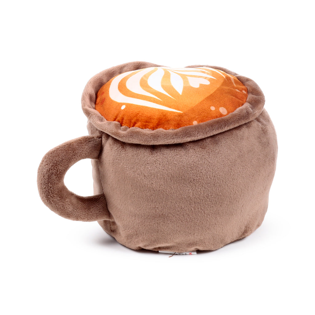 Plush door stop shaped like a light brown cappuccino cup, showcasing its plush handle and an orange top featuring white latte art.