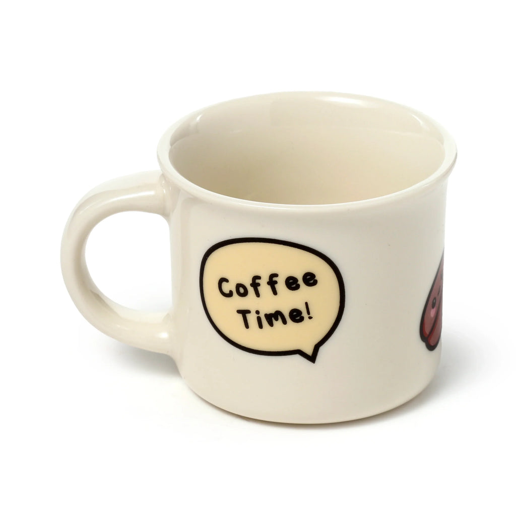 Angled front view of a cream porcelain espresso cup featuring a 'Coffee Time!' speech bubble design and a partial coffee bean character, on a white background.