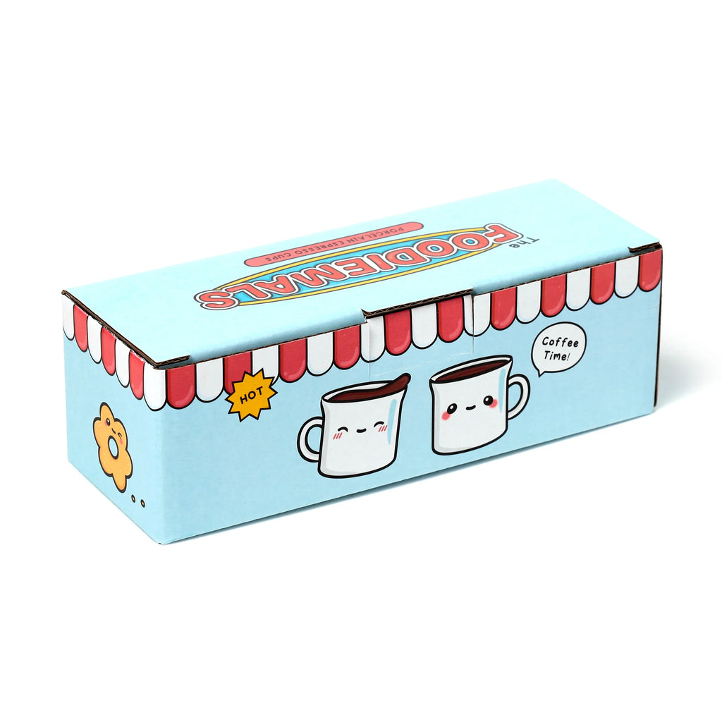 Front and top view of a light blue 'Foodiemals' gift box for a set of 2 Porcelain Espresso Cups, decorated with cartoon coffee cups and a red and white striped awning design.