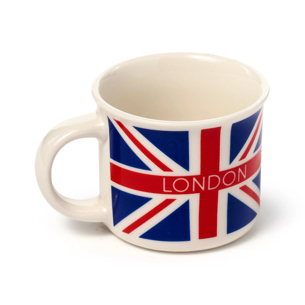Angled front view of a white porcelain espresso cup featuring a red, white, and blue Union Jack flag design with 'LONDON' text.