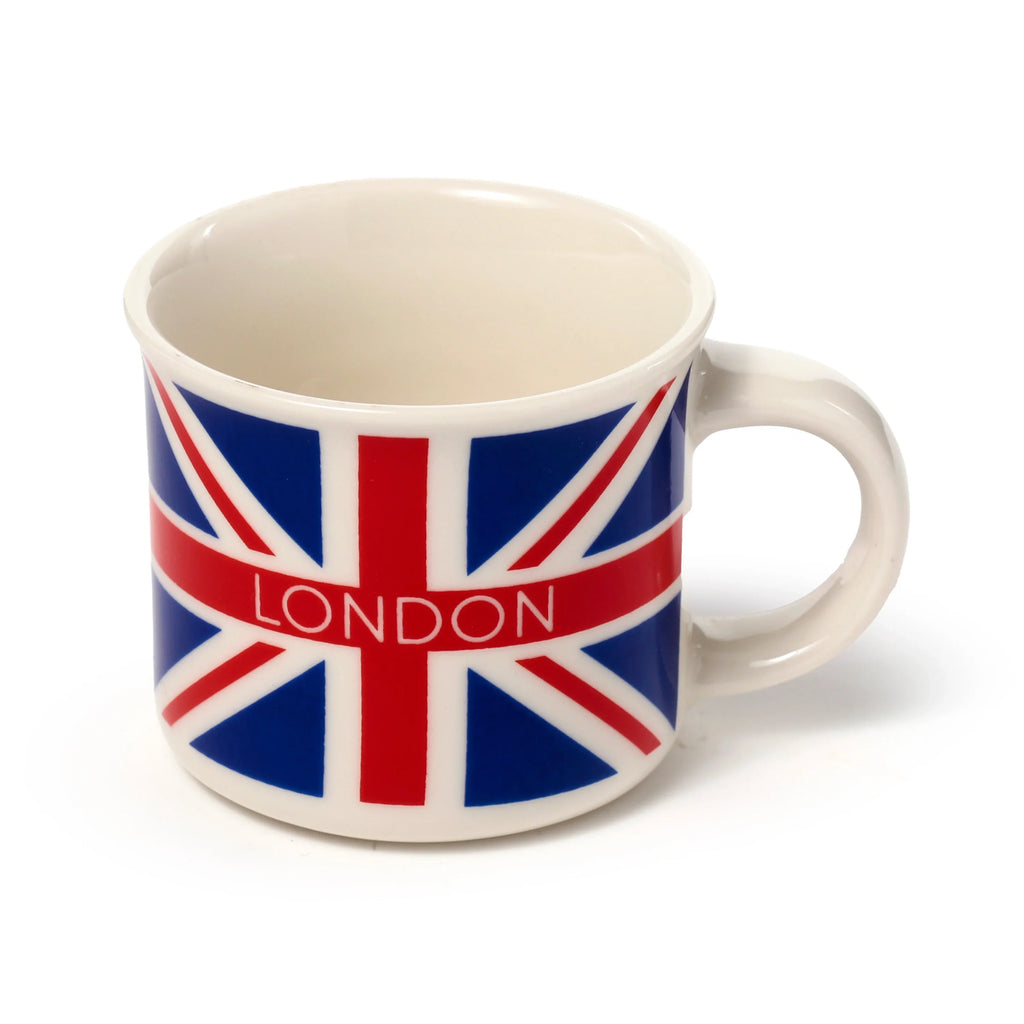 Angled front view of a white porcelain espresso cup decorated with a Union Jack flag design and LONDON text, displayed on a clean white background.