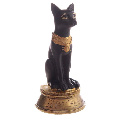 Decorative small black and gold Bast Egyptian cat figurine with scarab necklace and hieroglyph base, front-side view.