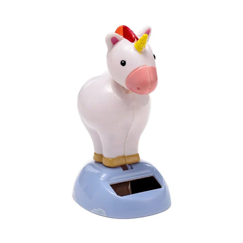 Front view of a white unicorn Solar Pal with a pink snout, yellow horn, and a red and orange mane, standing on a light blue base featuring a solar panel, isolated on a white background.
