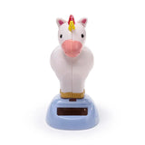 Front view of a white solar-powered unicorn figure with a yellow horn, pink snout, and a light blue base featuring a solar panel.
