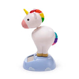 Rear-left view of a white unicorn Solar Pal, featuring a rainbow mane and tail, standing on a light blue cloud base with a solar panel.