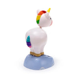 Side-back view of a white Solar Pal unicorn figure with rainbow mane and tail, standing on a light blue cloud base.