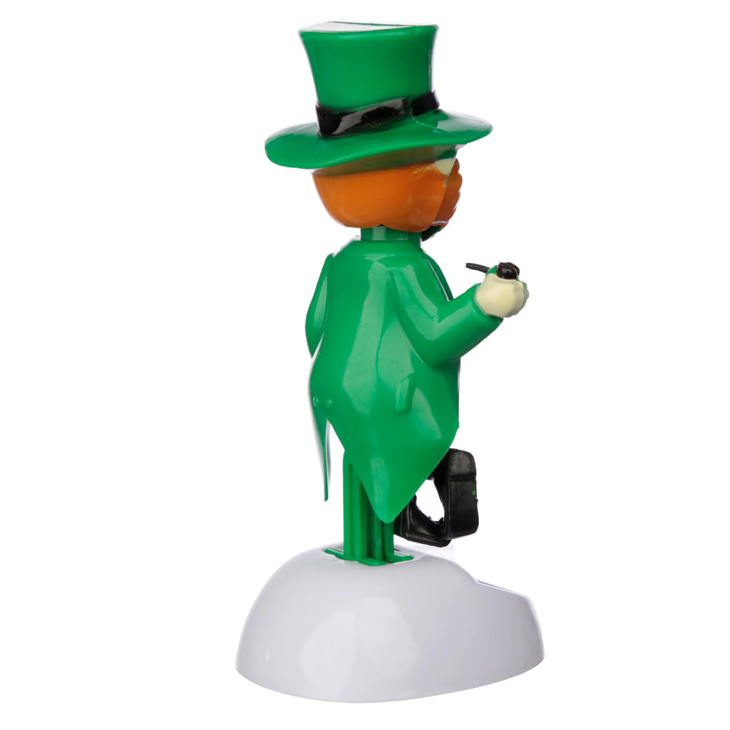 Angled right side view of a Leprechaun Solar Pal, featuring a green top hat and tailcoat, holding a black pipe, standing on a white base.